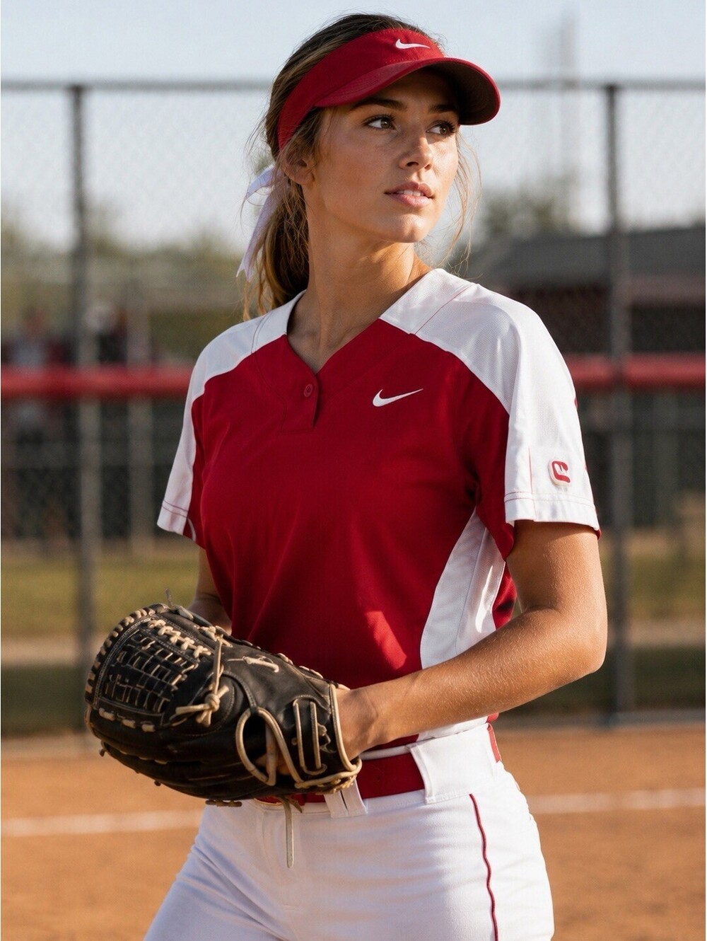 Nike Women’s Softball Jersey Red White V-Neck Dri-Fit AV6715-658 Medium NWT